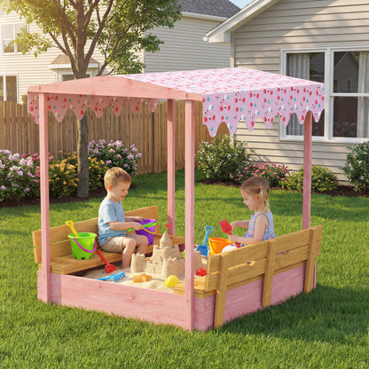 Wooden Sandbox with Cover, Kids Sandbox Outdoor with Seat,
