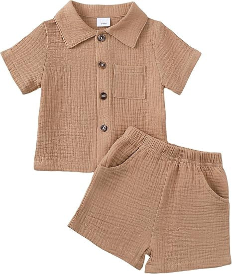 Baby Boy Cotton-linen Solid Color Textured Fabric Lapel Collar