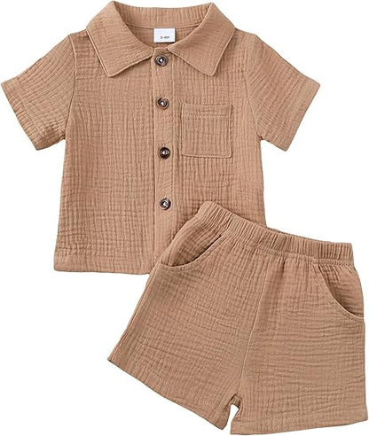 Baby Boy Cotton-linen Solid Color Textured Fabric Lapel Collar