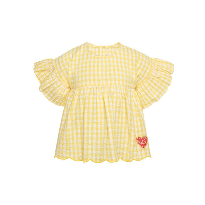 Summer Nordic-style Ruffle-sleeve Yellow Plaid Loose