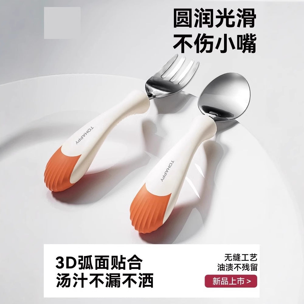 Baby Spoon Children's Tableware Training Spoon Fork Self-eating Rice Spoon Eating Baby Two-color Stainless Steel Fork Spoon - image 1