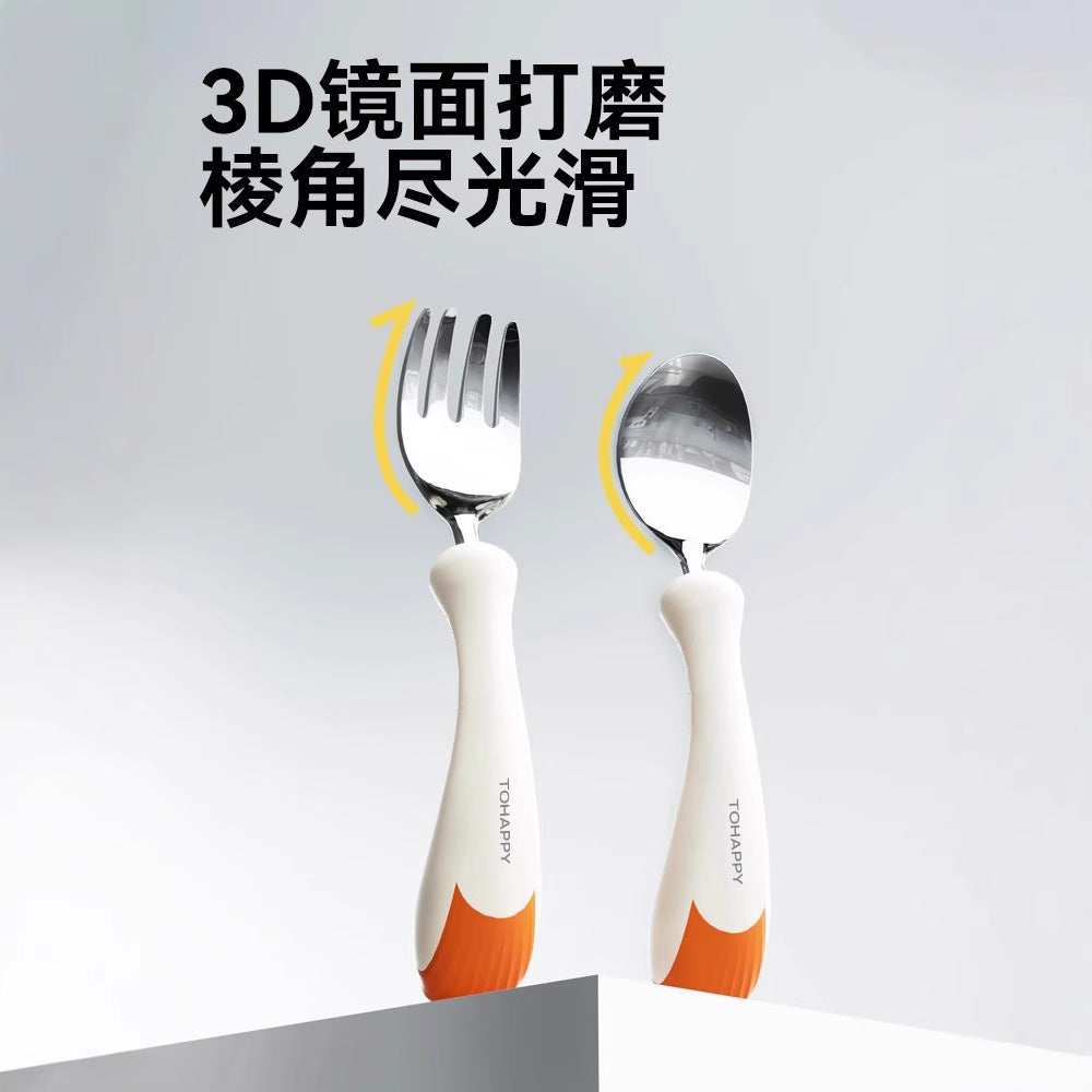 Baby Spoon Children's Tableware Training Spoon Fork Self-eating Rice Spoon Eating Baby Two-color Stainless Steel Fork Spoon - image 2
