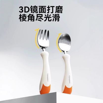 Baby Spoon Children's Tableware Training Spoon Fork Self-eating Rice Spoon Eating Baby Two-color Stainless Steel Fork Spoon - image 2