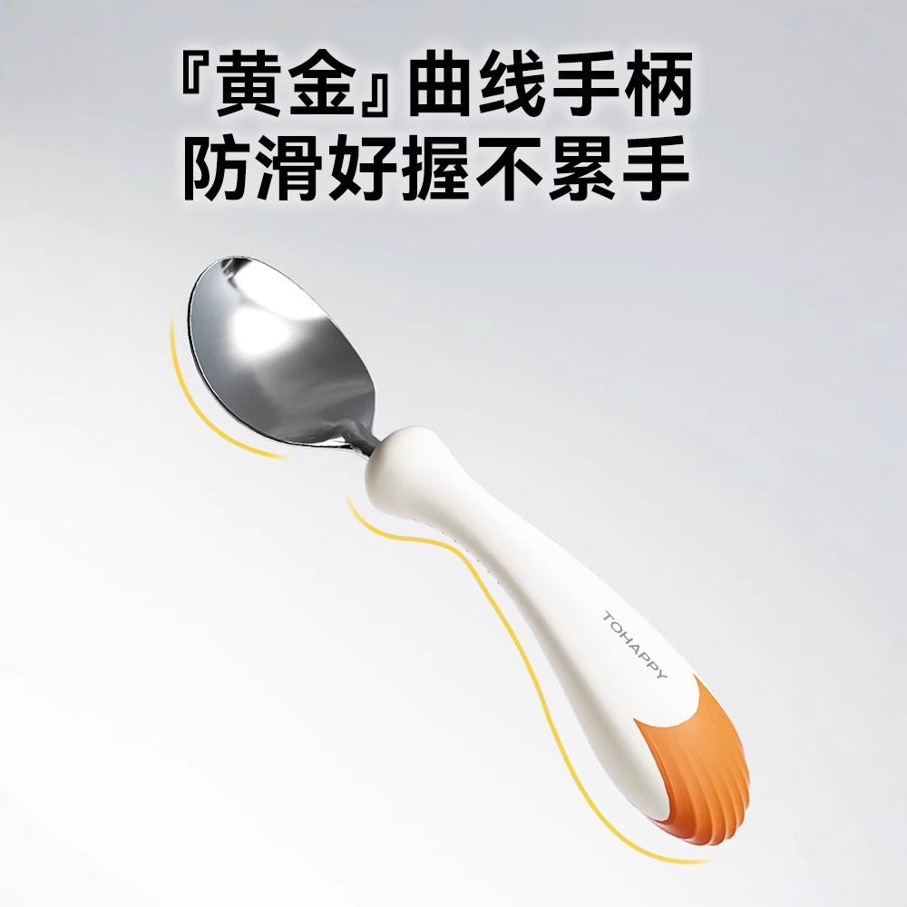 Baby Spoon Children's Tableware Training Spoon Fork Self-eating Rice Spoon Eating Baby Two-color Stainless Steel Fork Spoon - image 5