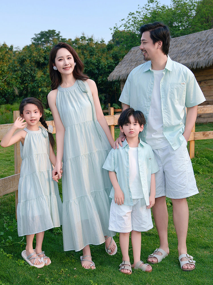 French style mambo mint green sleeveless vest skirt family of three or four parent-child outfit seaside holiday atmosphere sense mother and daughter dress - image 1