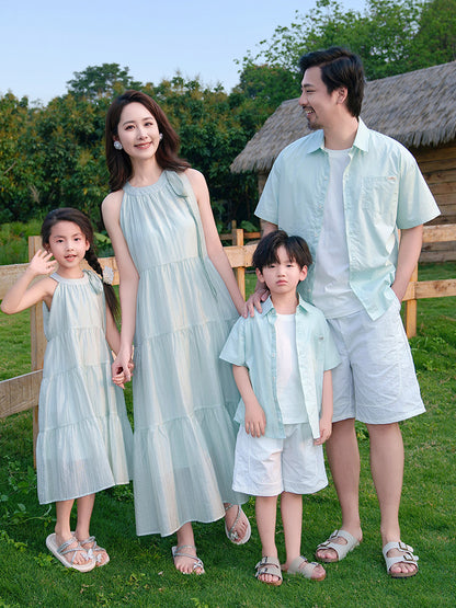 French style mambo mint green sleeveless vest skirt family of three or four parent-child outfit seaside holiday atmosphere sense mother and daughter dress - image 1