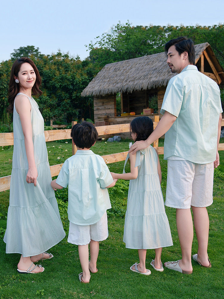 French style mambo mint green sleeveless vest skirt family of three or four parent-child outfit seaside holiday atmosphere sense mother and daughter dress - image 2