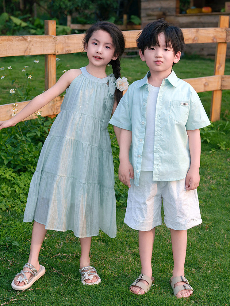 French style mambo mint green sleeveless vest skirt family of three or four parent-child outfit seaside holiday atmosphere sense mother and daughter dress - image 3