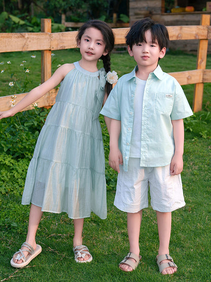 French style mambo mint green sleeveless vest skirt family of three or four parent-child outfit seaside holiday atmosphere sense mother and daughter dress - image 3