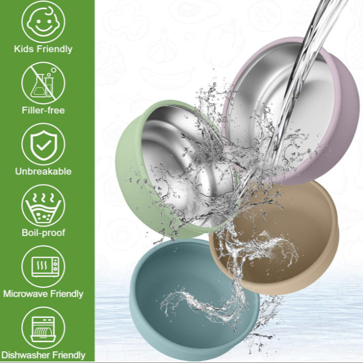 New in stock Baby Stainless Steel Silicone Bowl with Suction Cup Removable 304 Non-slip Feeding Bowl Slide Heat Insulated for Children - image 2