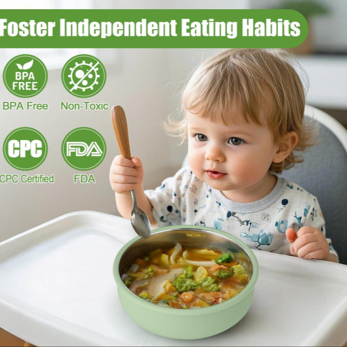 New in stock Baby Stainless Steel Silicone Bowl with Suction Cup Removable 304 Non-slip Feeding Bowl Slide Heat Insulated for Children - image 3