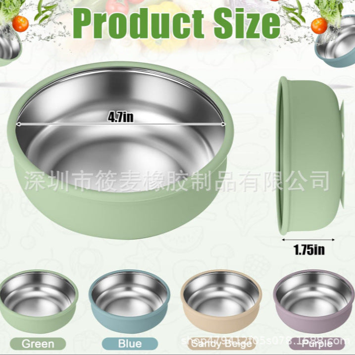 New in stock Baby Stainless Steel Silicone Bowl with Suction Cup Removable 304 Non-slip Feeding Bowl Slide Heat Insulated for Children - image 4