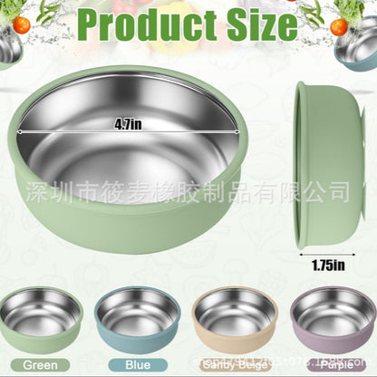 New in stock Baby Stainless Steel Silicone Bowl with Suction Cup Removable 304 Non-slip Feeding Bowl Slide Heat Insulated for Children - image 4
