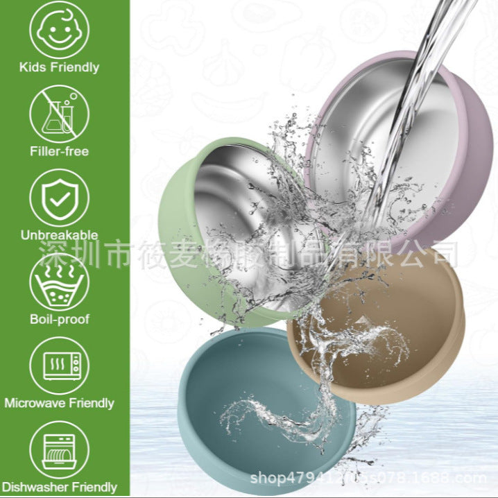 New in stock Baby Stainless Steel Silicone Bowl with Suction Cup Removable 304 Non-slip Feeding Bowl Slide Heat Insulated for Children - image 5