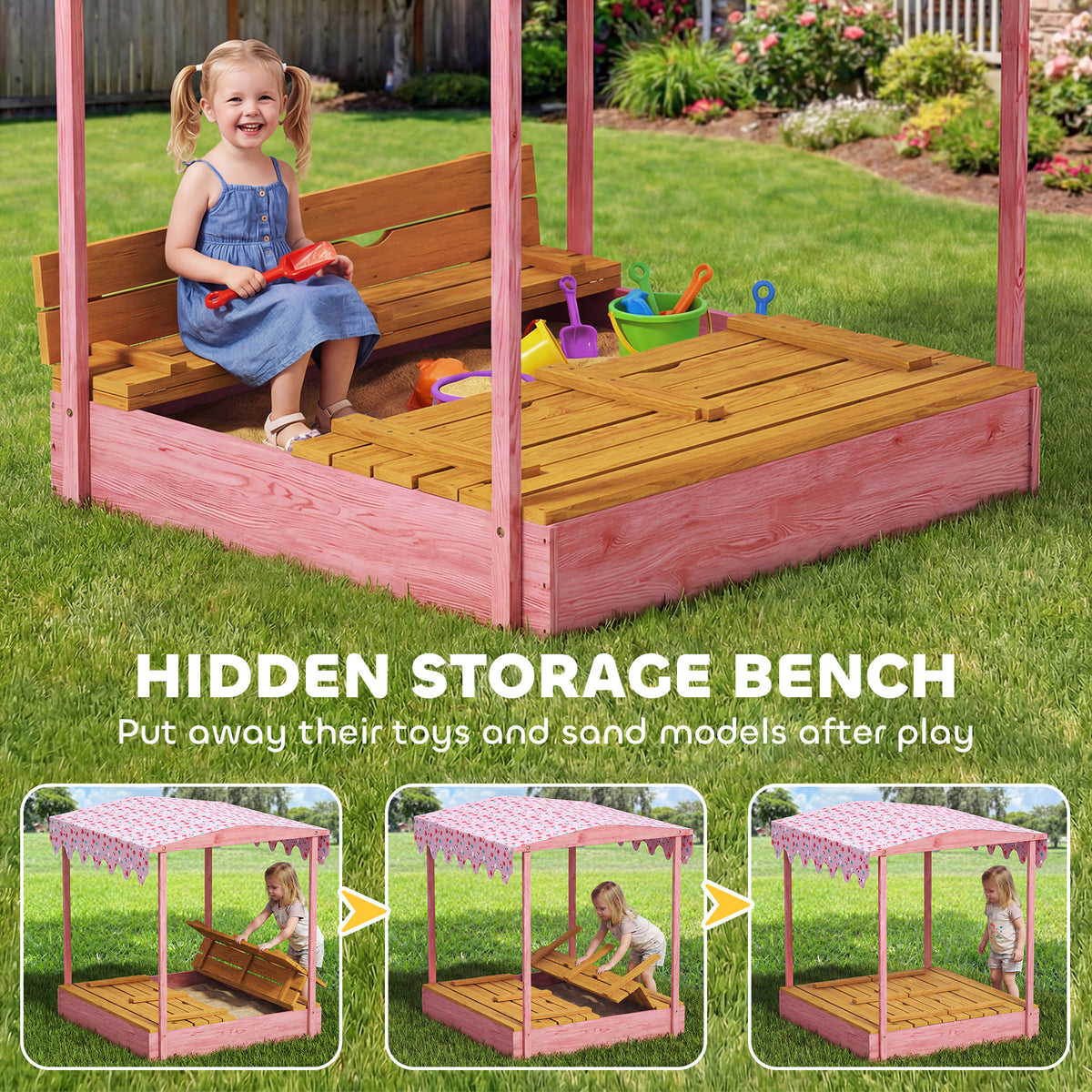 Wooden Sandbox with Cover, Kids Sandbox Outdoor with Seat,
