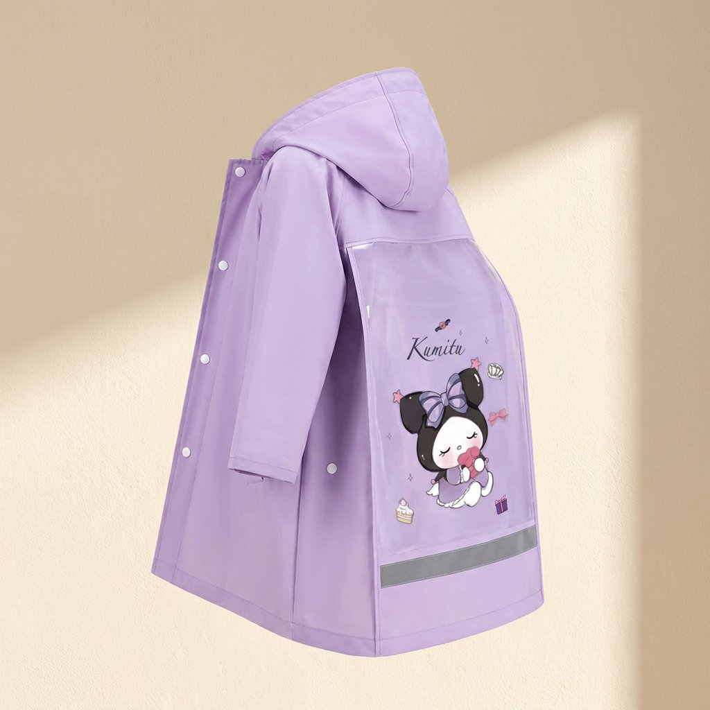 Children's PVC rain poncho with a large brim and space for a backpack
