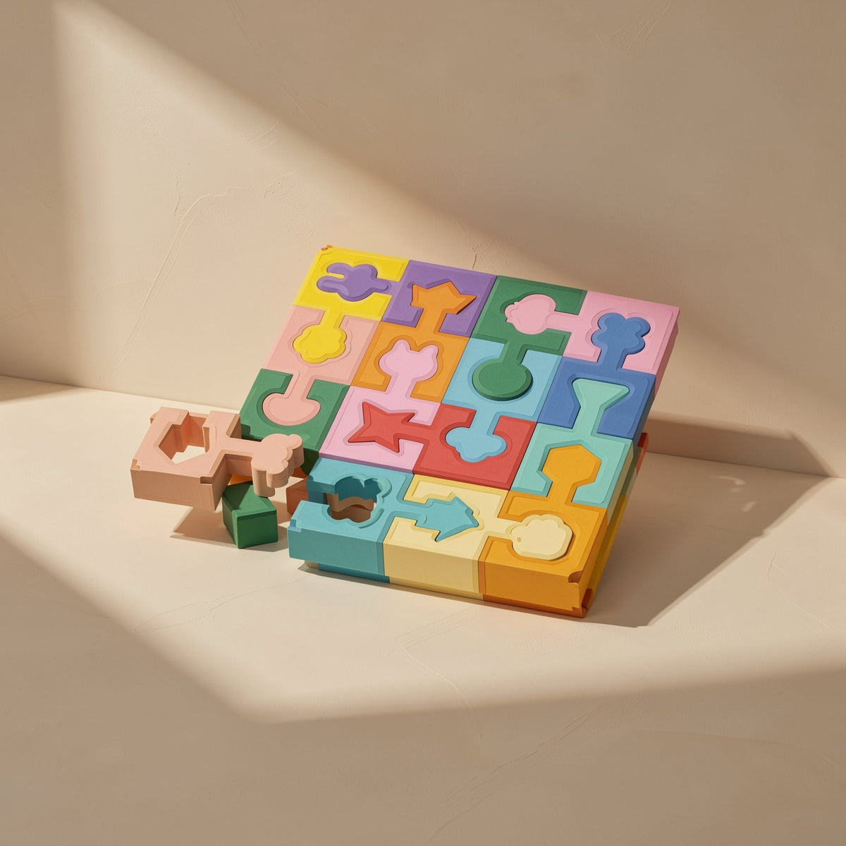 Wooden geometric shape-matching building-block puzzle