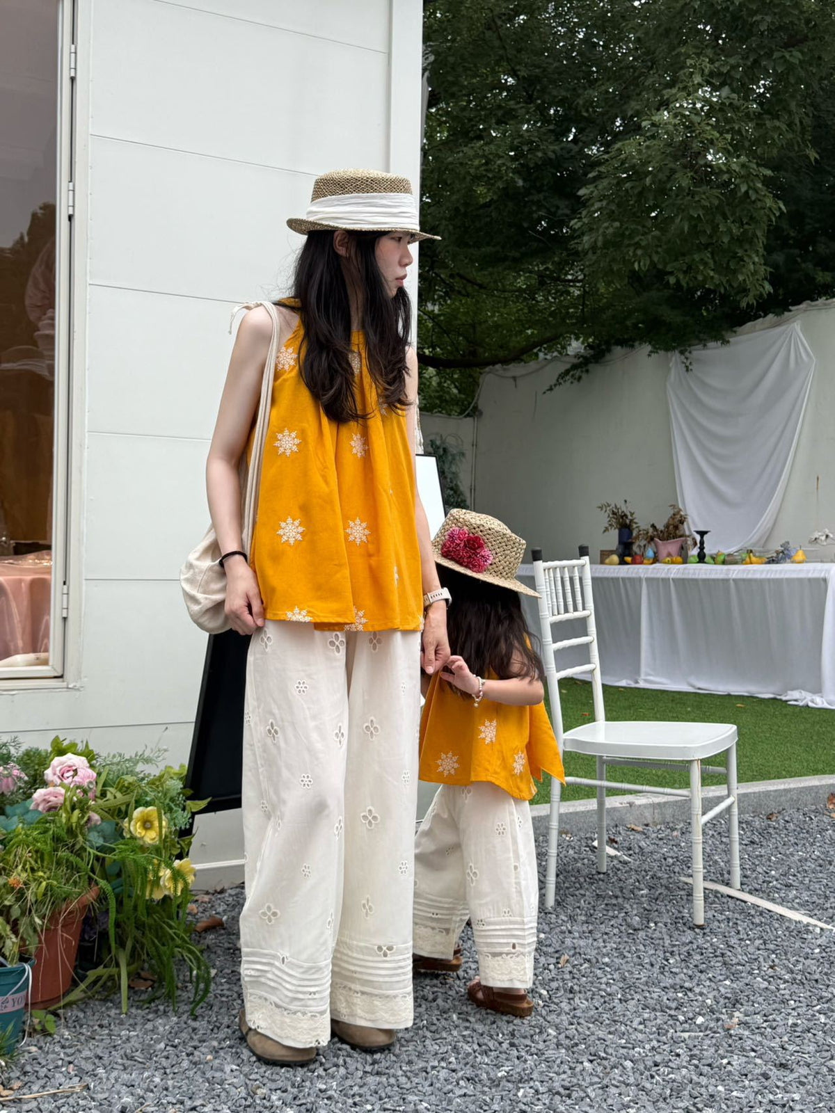Parent-Child Clothing 2025 Summer New Style Girls Holiday Style Mother-Daughter Clothing Forest Style Embroidered Vest Lace Wide-Leg Pants Suit - image 1