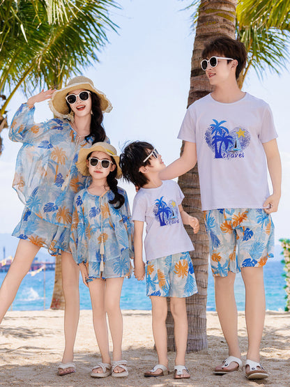 Sanya Vacation Parent-Child Outfit for a Family of Four, Sun Protection Set, Yunnan Couple, Mother-Daughter Long-Sleeve Dopamine Coconut Grove Set - image 5