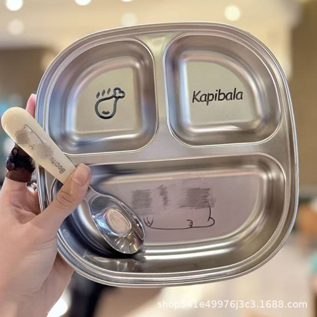 [Clearout] Stainless Steel Kidsren's Dinner Plate Baby Eating Cartoon Plate Home Student Portable Compartmented Lunch Box - image 2