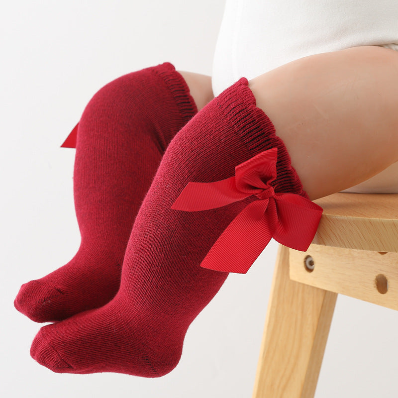 Spring and Autumn Style Baby Socks, Knee-High Socks with Large Bow, Princess Pink Socks, Floral Socks for Baby Girls, Mid-Calf Socks - image 1