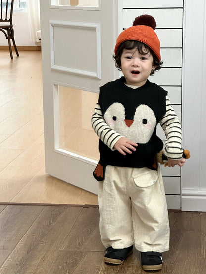Baby Penguin Knitted Vest Autumn 2026 New Children's Clothing Autumn Korean Style Kids' Outfit Boys' Striped Set - image 1