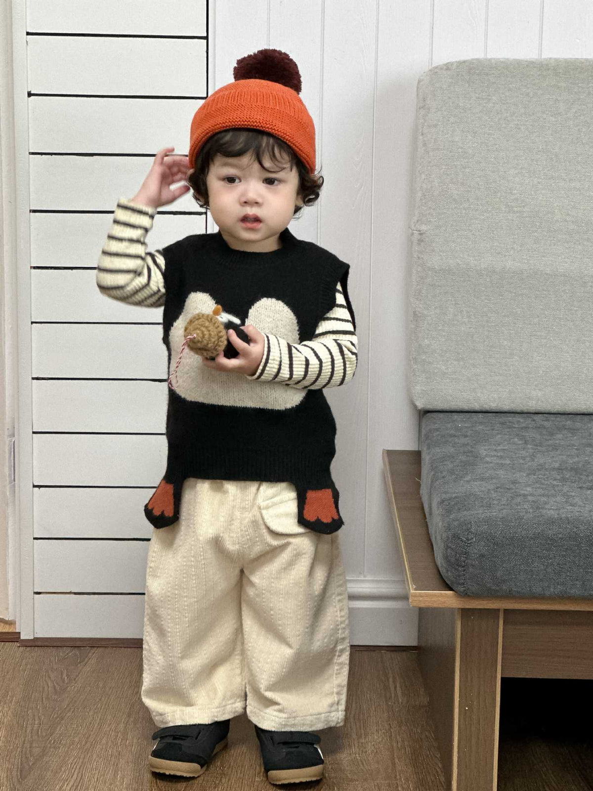 Baby Penguin Knitted Vest Autumn 2026 New Children's Clothing Autumn Korean Style Kids' Outfit Boys' Striped Set - image 2
