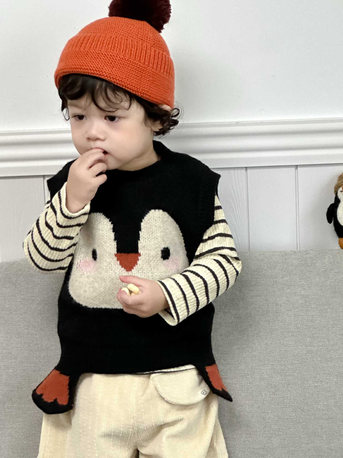 Baby Penguin Knitted Vest Autumn 2026 New Children's Clothing Autumn Korean Style Kids' Outfit Boys' Striped Set - image 3