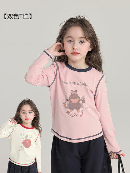 Girls' Autumn Round Neck Cartoon Tops, Kidsren's Lycra Cotton Printed Long-Sleeved T-Shirts, Baby Casual Bottoming Sweatshirts - image 1