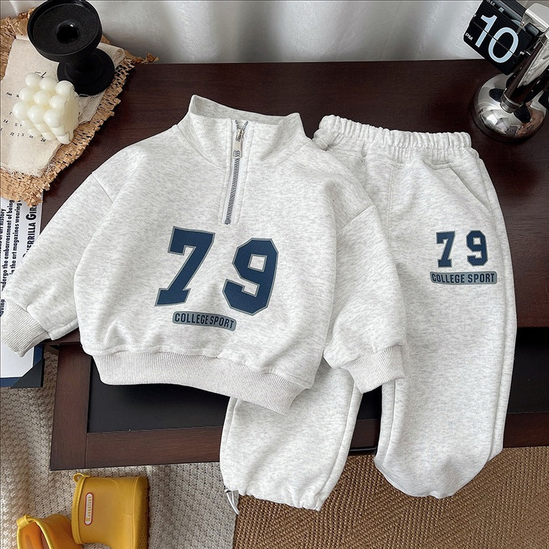 Boys' Foreign Trade Spring & Fall Clothing 2025 New Style Long-Sleeved Stand-Up Collar Half-Zip Set Baby Sweatshirt Baby Sports Set - image 1