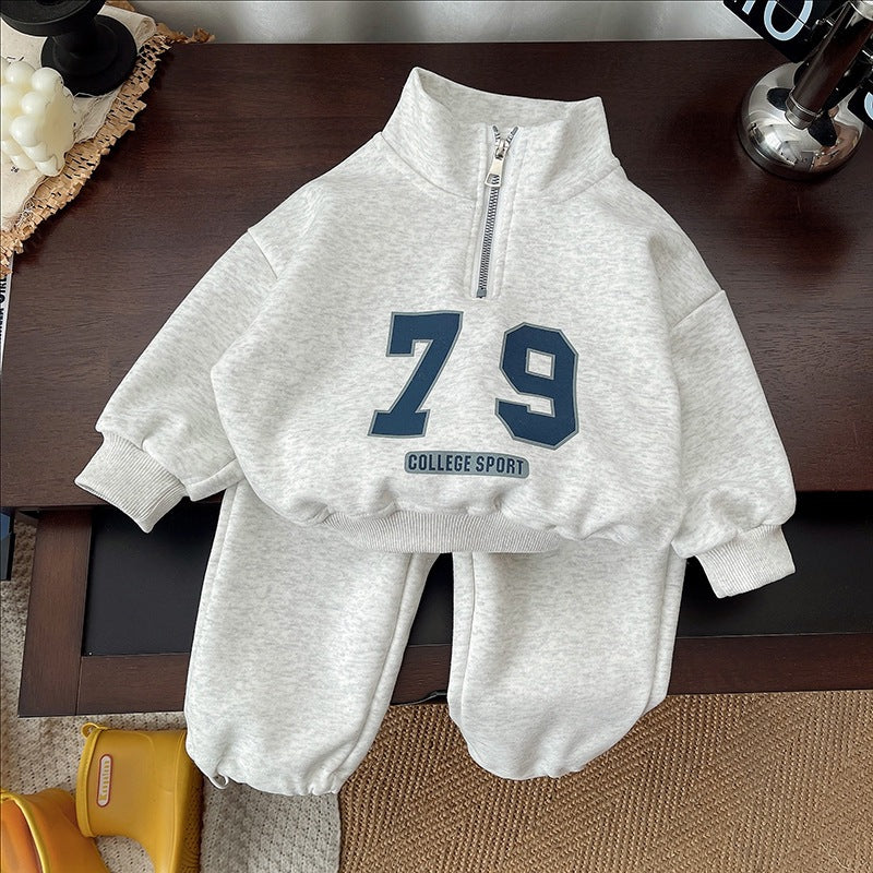 Boys' Foreign Trade Spring & Fall Clothing 2025 New Style Long-Sleeved Stand-Up Collar Half-Zip Set Baby Sweatshirt Baby Sports Set - image 3