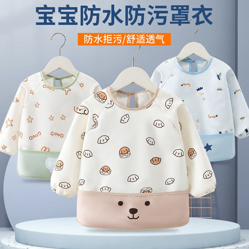 New Baby Waterproof Smock Kindergarten Eating Long-Sleeved Protective Clothing Kidsren's Thin Anti-Fouling Reverse Dressing Baby Rice Pocket - image 1