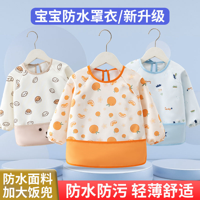 New Baby Waterproof Smock Kindergarten Eating Long-Sleeved Protective Clothing Kidsren's Thin Anti-Fouling Reverse Dressing Baby Rice Pocket - image 2