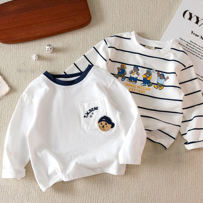 Children's Long-Sleeved T-Shirt 2025 Spring & Fall New Style Boy's Stripesd Top Cartoon Bear Baby Cartoon Bottoming Shirt Trendy - image 1