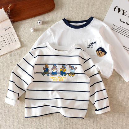 Children's Long-Sleeved T-Shirt 2025 Spring & Fall New Style Boy's Stripesd Top Cartoon Bear Baby Cartoon Bottoming Shirt Trendy - image 2