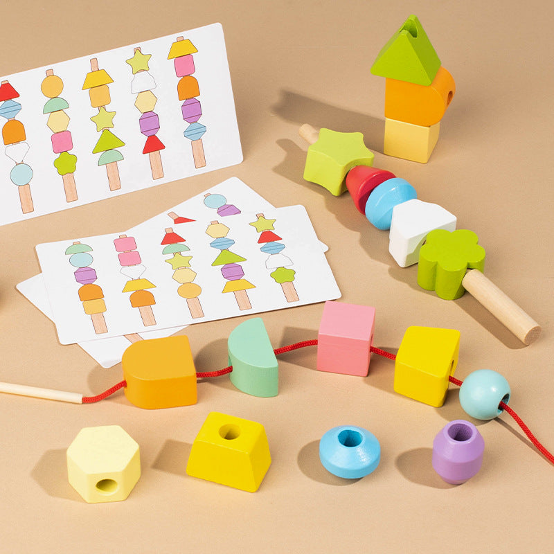 Montessori Baby Geometric Shape Matching Five Sets of Columns Kidsren's Hand-Eye Coordination Beaded Educational Early Education Wooden Toys - image 3