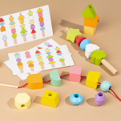Montessori Baby Geometric Shape Matching Five Sets of Columns Kidsren's Hand-Eye Coordination Beaded Educational Early Education Wooden Toys - image 3