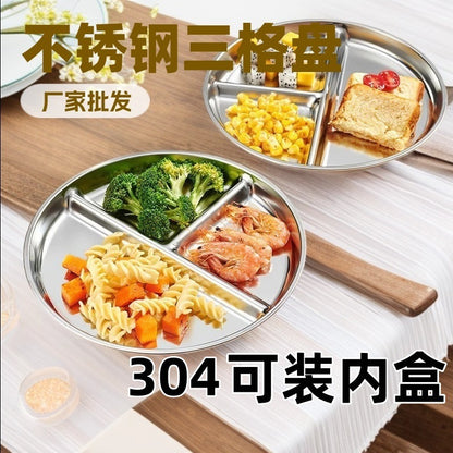 Factory Direct Sales Stainless Steel Three-Compartment Round Plate Compartmented Dinner Plate Adult Quantitative Fat-Reducing Dinner Plate Baby Quantitative Rice Plate - image 1