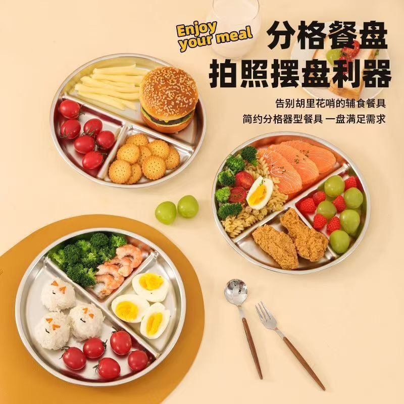Factory Direct Sales Stainless Steel Three-Compartment Round Plate Compartmented Dinner Plate Adult Quantitative Fat-Reducing Dinner Plate Baby Quantitative Rice Plate - image 2