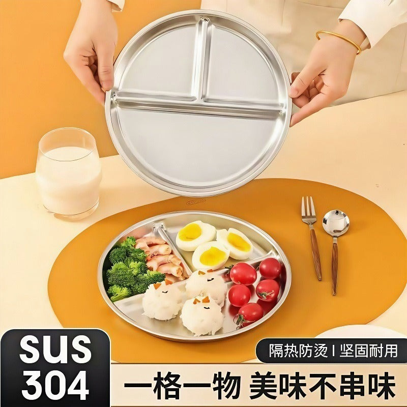 Factory Direct Sales Stainless Steel Three-Compartment Round Plate Compartmented Dinner Plate Adult Quantitative Fat-Reducing Dinner Plate Baby Quantitative Rice Plate - image 3