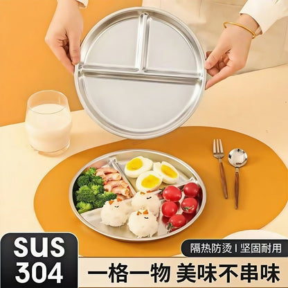 Factory Direct Sales Stainless Steel Three-Compartment Round Plate Compartmented Dinner Plate Adult Quantitative Fat-Reducing Dinner Plate Baby Quantitative Rice Plate - image 3