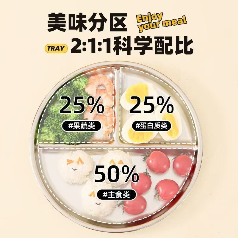 Factory Direct Sales Stainless Steel Three-Compartment Round Plate Compartmented Dinner Plate Adult Quantitative Fat-Reducing Dinner Plate Baby Quantitative Rice Plate - image 4