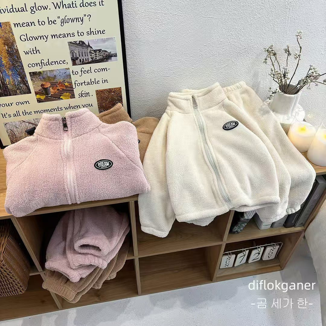 Children's Stand-Collar Suit, Girls' Soft Warm Pants, Baby Double-Sided Fleece Sweater, Boys' Autumn and Winter Zipper Jacket - image 1