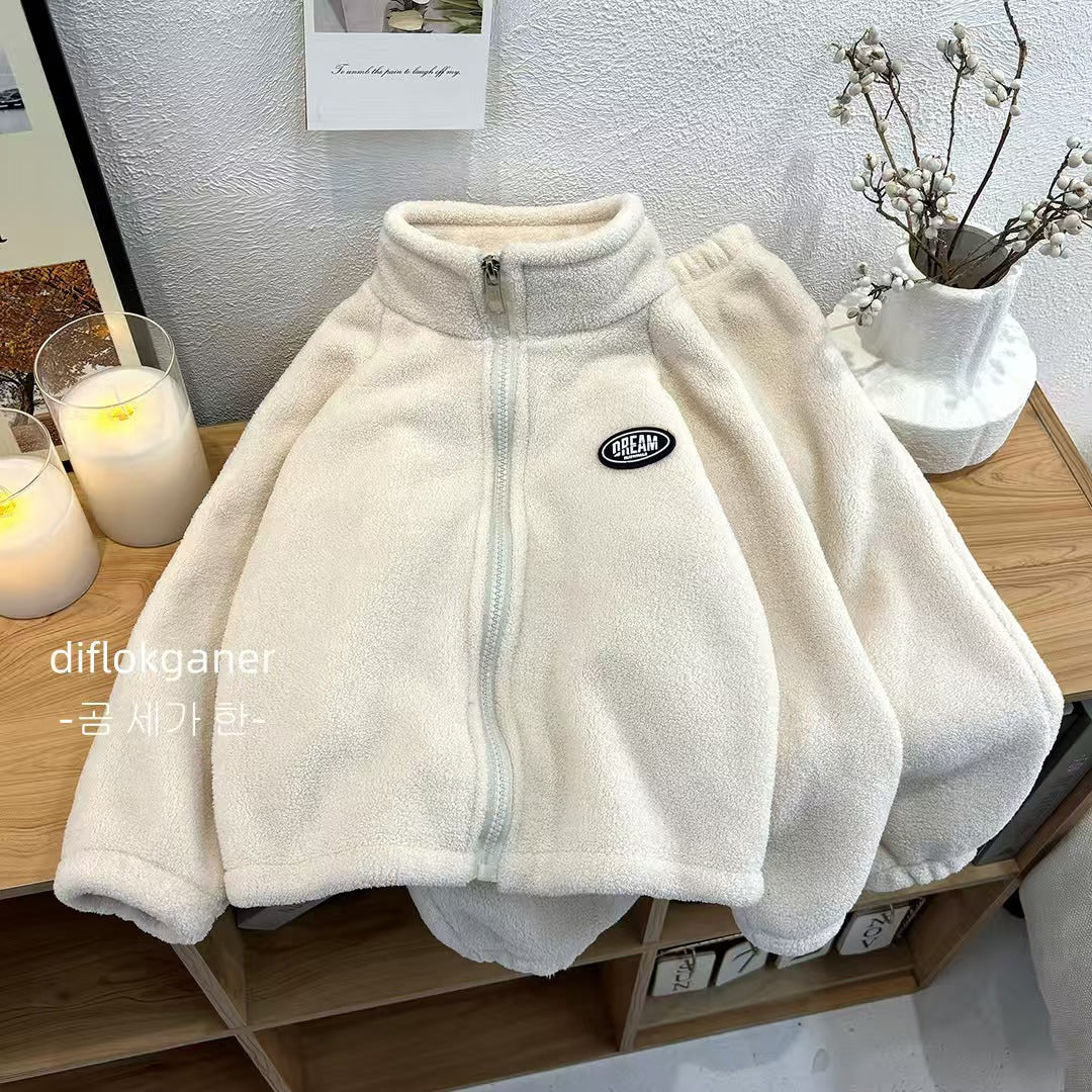 Children's Stand-Collar Suit, Girls' Soft Warm Pants, Baby Double-Sided Fleece Sweater, Boys' Autumn and Winter Zipper Jacket - image 2