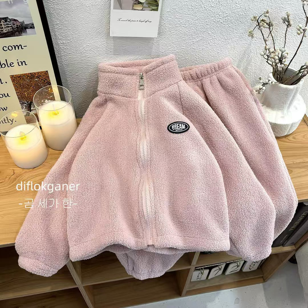 Children's Stand-Collar Suit, Girls' Soft Warm Pants, Baby Double-Sided Fleece Sweater, Boys' Autumn and Winter Zipper Jacket - image 3