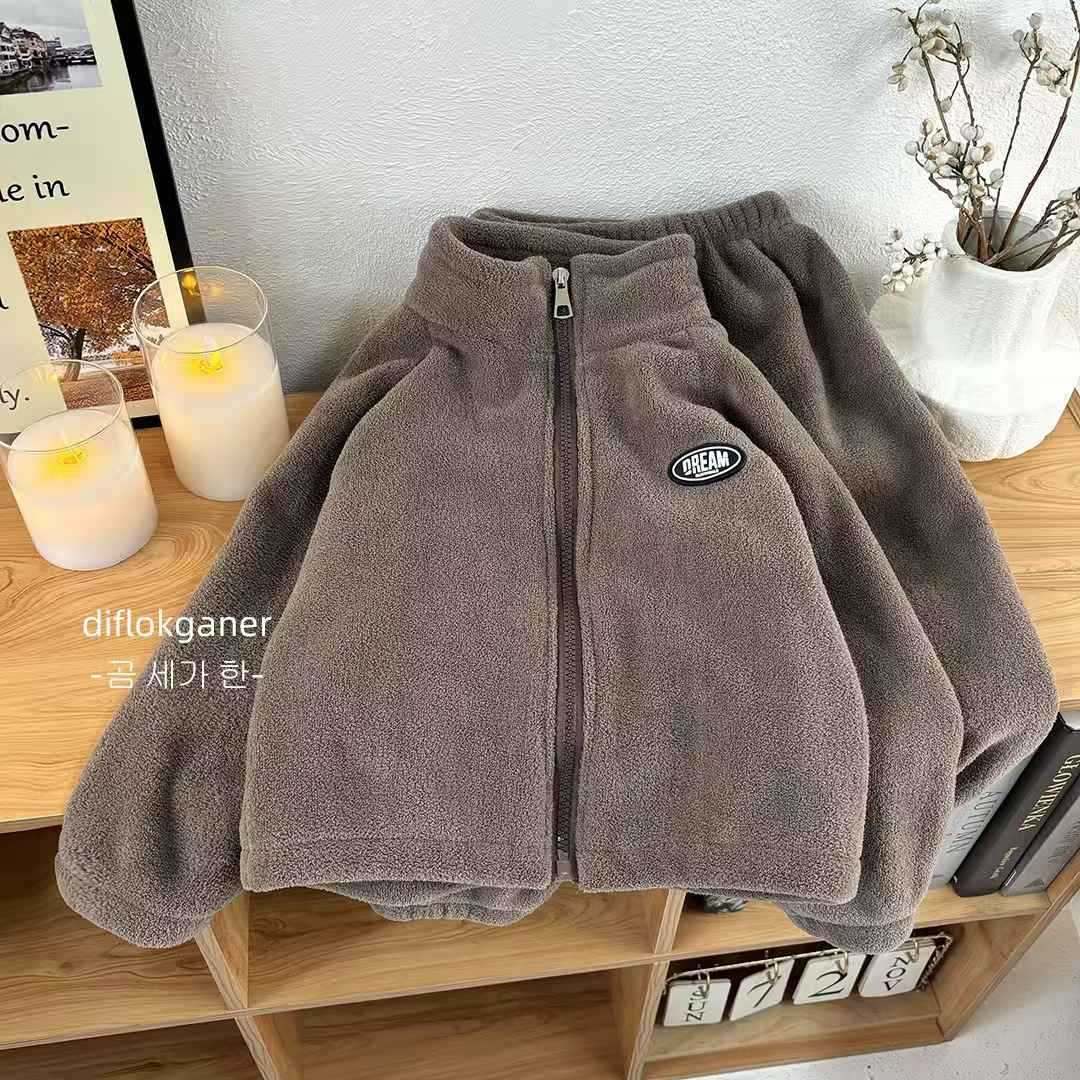 Children's Stand-Collar Suit, Girls' Soft Warm Pants, Baby Double-Sided Fleece Sweater, Boys' Autumn and Winter Zipper Jacket - image 4
