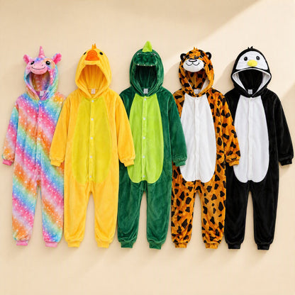 Children’s flannel animal pajama jumpsuit with long sleeves and a non-detachable hood