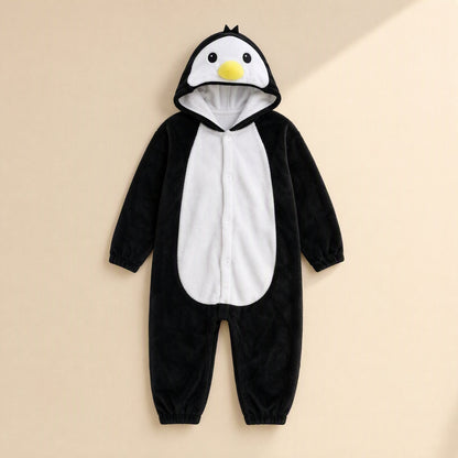 Children’s flannel animal pajama jumpsuit with long sleeves and a non-detachable hood - view 2