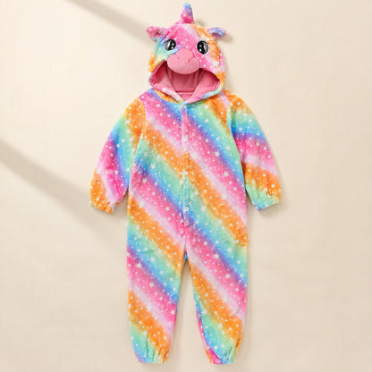 Children’s flannel animal pajama jumpsuit with long sleeves and a non-detachable hood - view 4