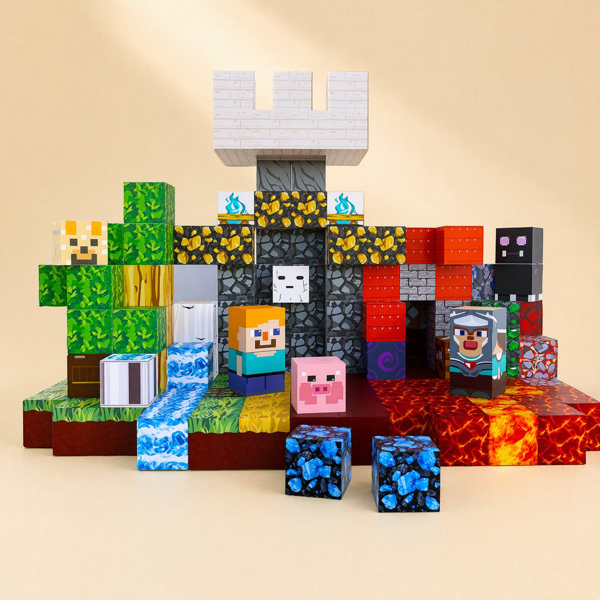 Magnetic cube building blocks with a Magma Forest theme